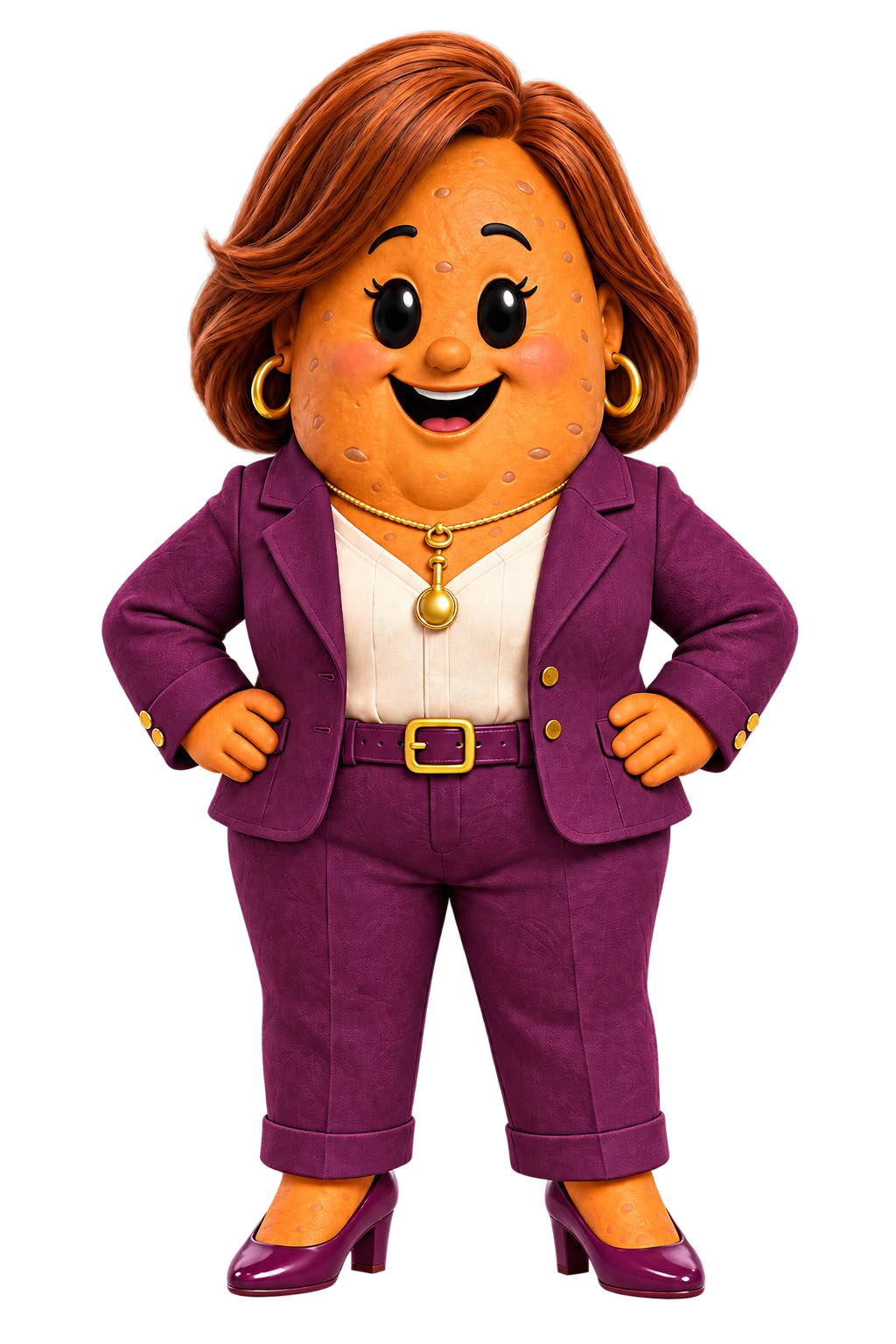 Sarah Yamwoth, a sweet potato with auburn hair and gold hoop earrings, wearing a plum suit and a gold pendant necklace