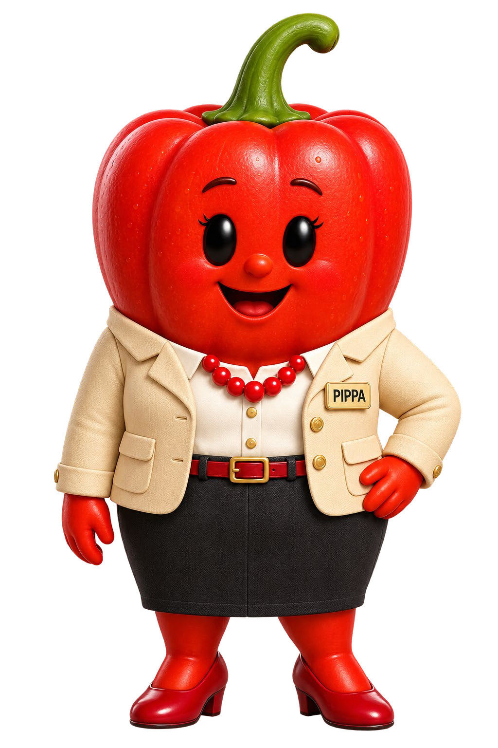 Pippa Pepper, a bright red bell pepper in a cream blazer with a Pippa name badge, red beaded necklace, black skirt, and red heels