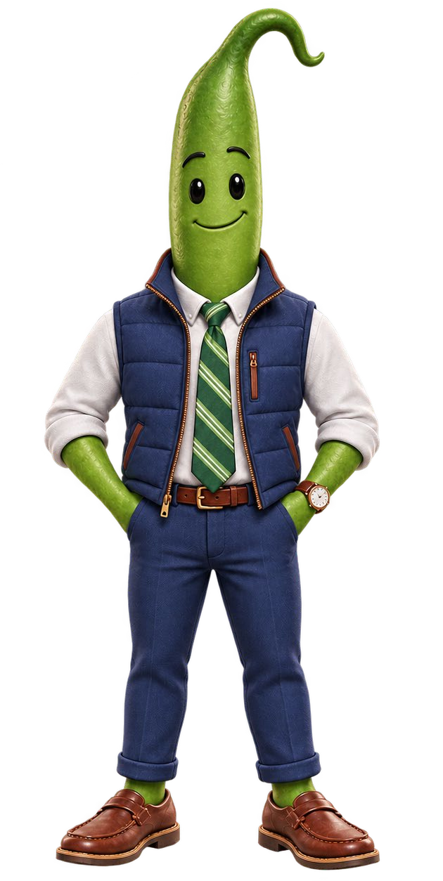 Grant Greenbean, a tall green bean in a blue quilted vest, white shirt, green striped tie, and brown loafers