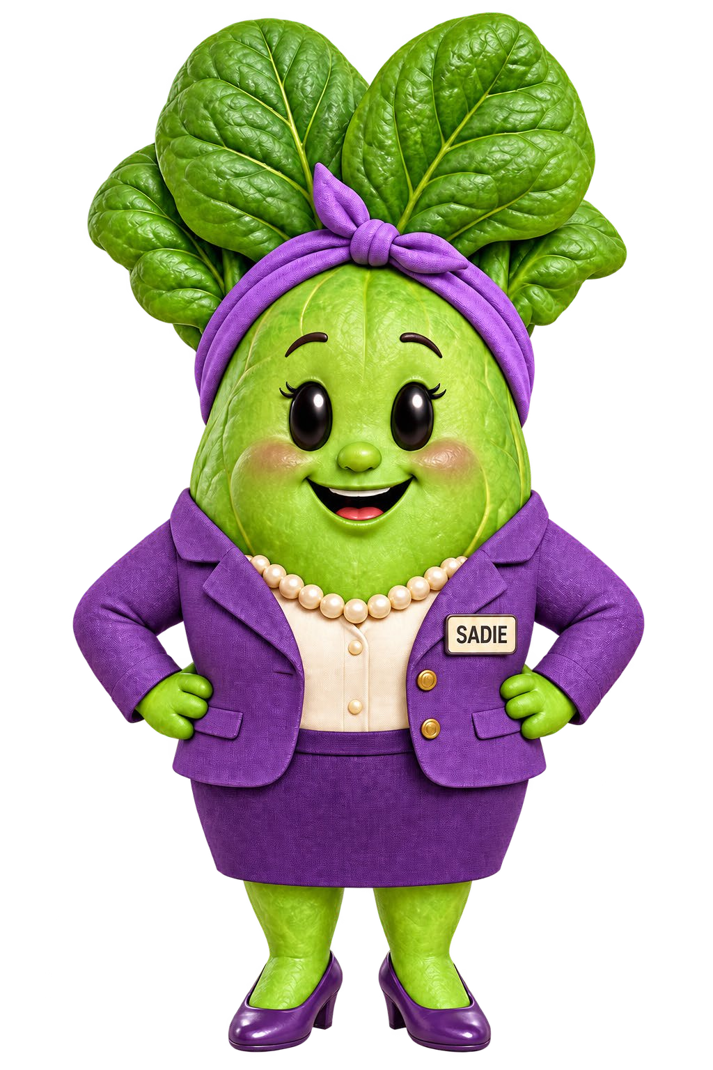 Sadie Radicchio, a leafy green radicchio with a purple headband, wearing a purple suit with pearls and a Sadie name badge