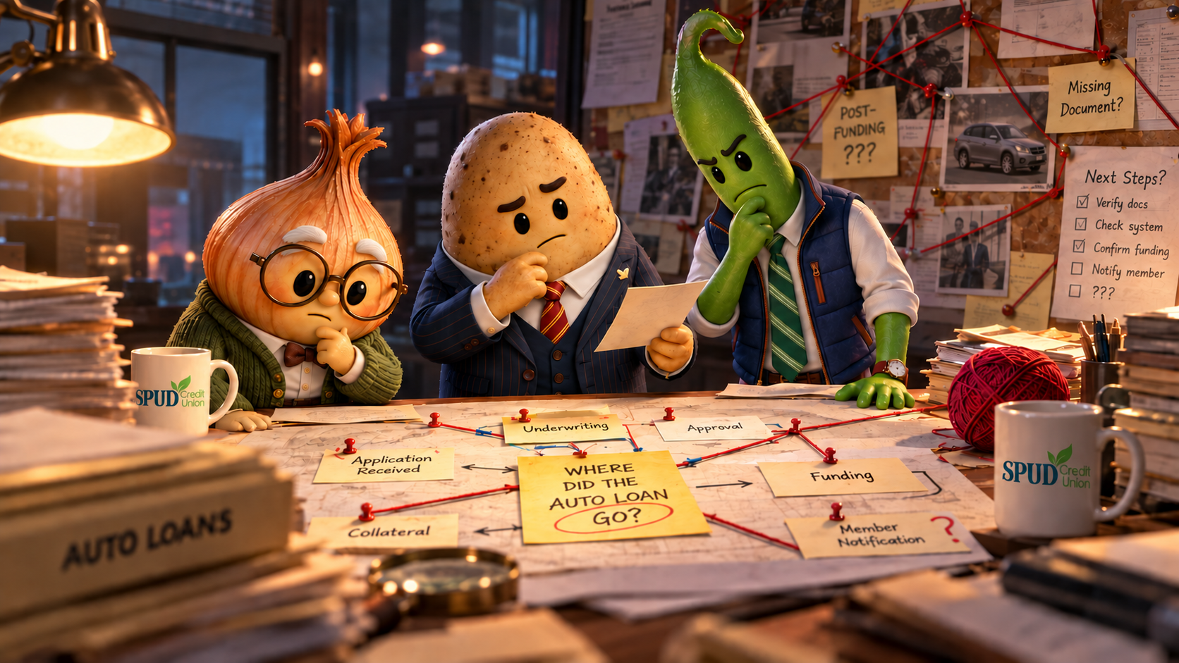 Three SPUD associates study a loan process map asking where the auto loan went, beside an investigation board with red yarn