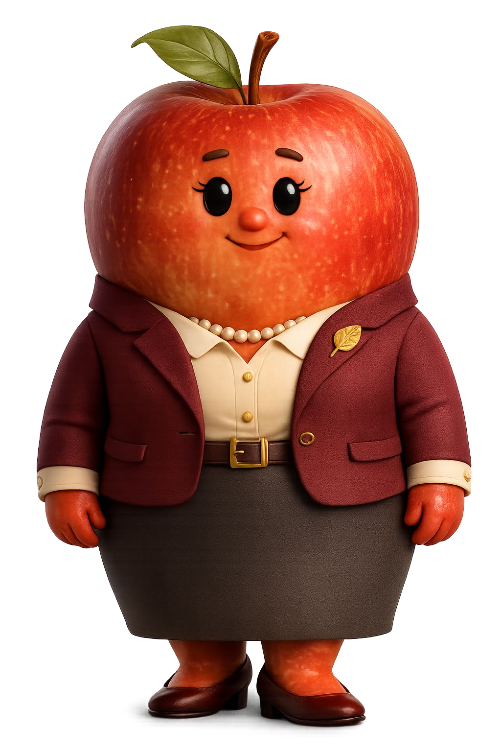 Ruby MacIntosh, a red apple with a green leaf, wearing a burgundy blazer, cream blouse with pearls, and a charcoal skirt