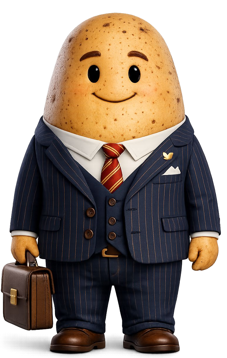 Spudrick Russet, a russet potato in a navy pinstripe three piece suit and red striped tie, holding a brown leather briefcase
