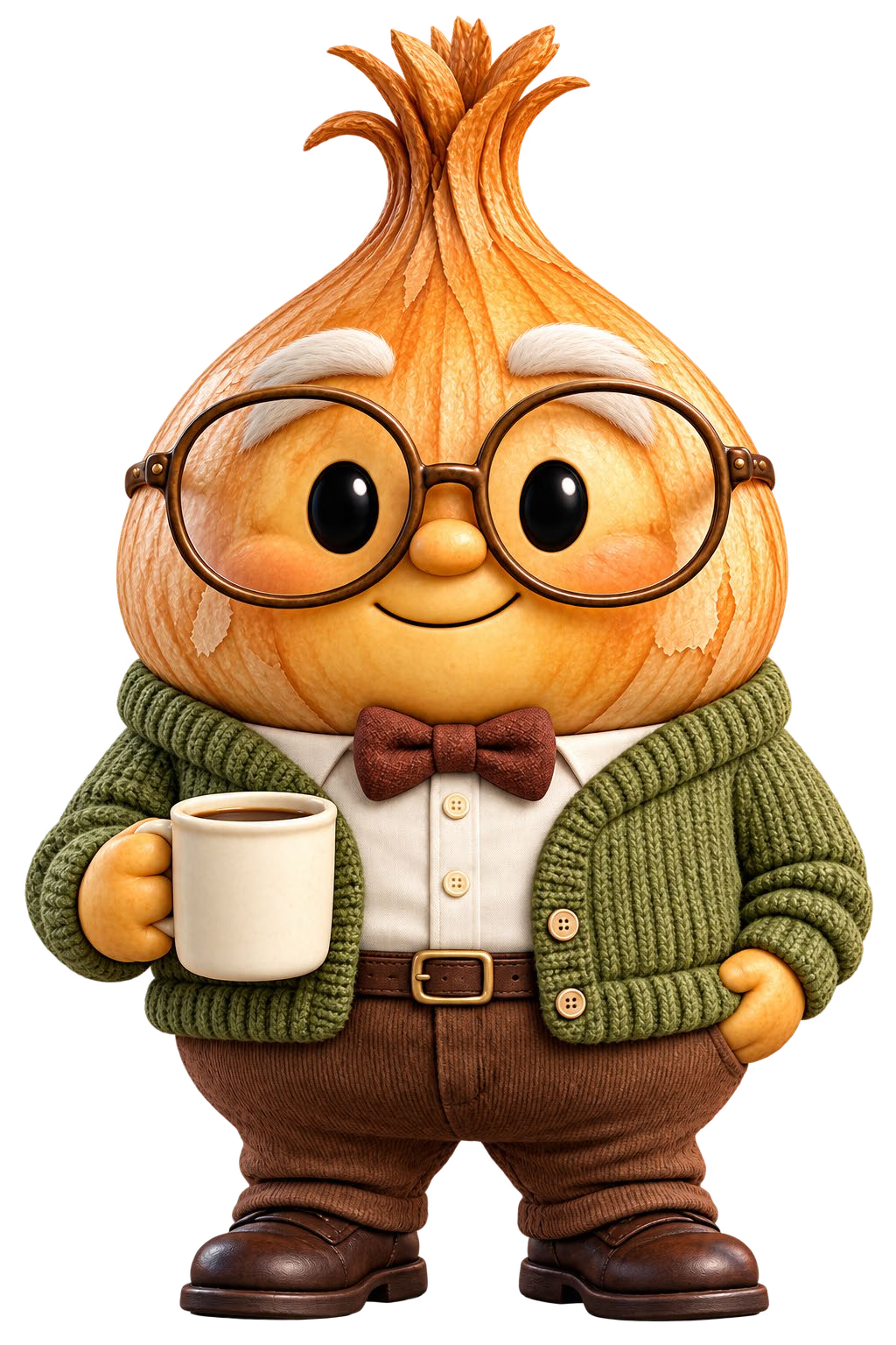 Orson Ledgerleaf, a golden onion with round tortoiseshell glasses, a green knit cardigan, bow tie, and brown corduroy trousers, holding a mug