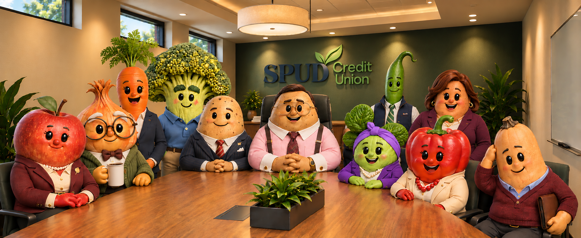 The SPUD Credit Union team seated together around the boardroom table
