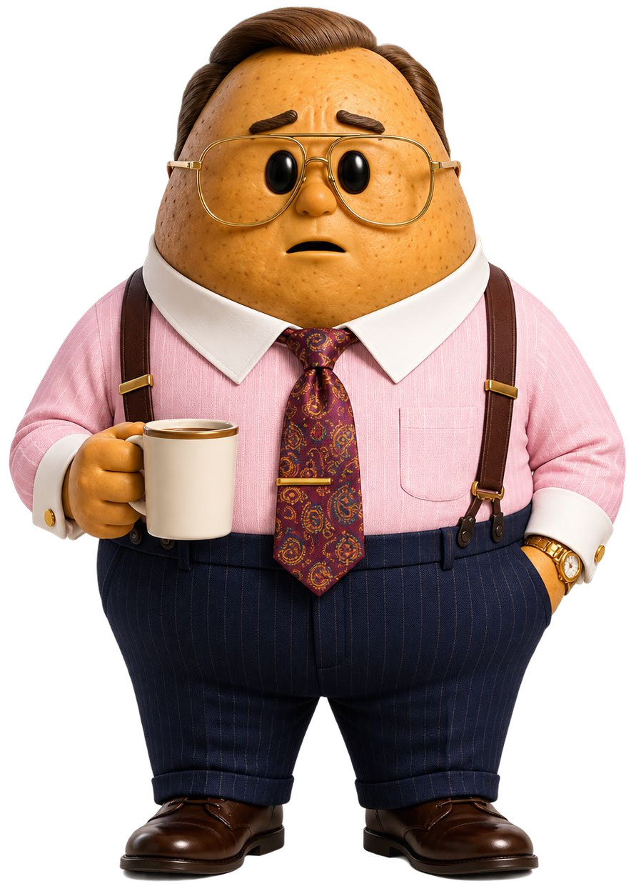William Big Bigley, a large golden-brown potato in a pink dress shirt, paisley tie, suspenders, and navy trousers, holding a coffee mug