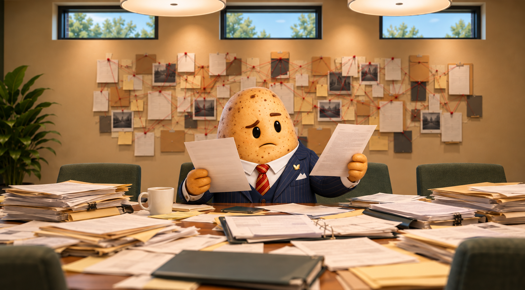 Spudrick at a SPUD Credit Union boardroom table covered in documents, holding two papers
